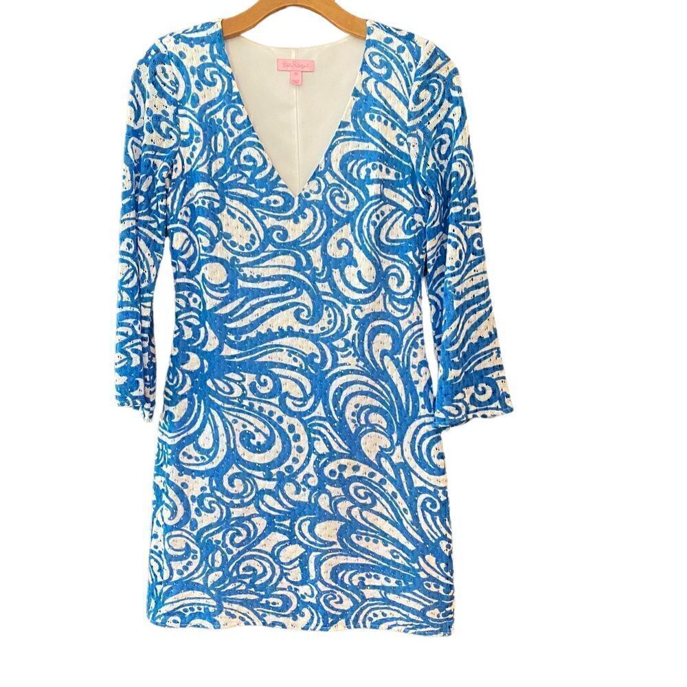 Lilly Pulitzer Sz XS Blue Crochet Jade Resort Sheer Flared Sleeves V-Neck Dress